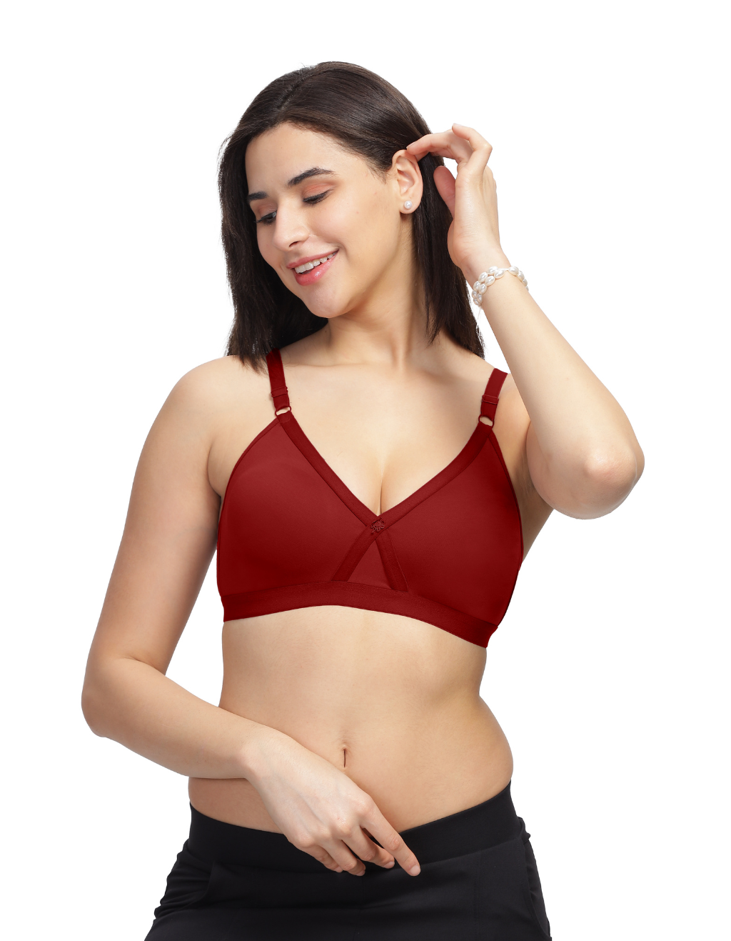 Machau Lingerie Women's Everyday Non Padded Cross Belt Wirefree with Adjustable Straps V-Neck Full Coverage X- Fit-Cross-Lace Bra Cotton-Rich Fabric